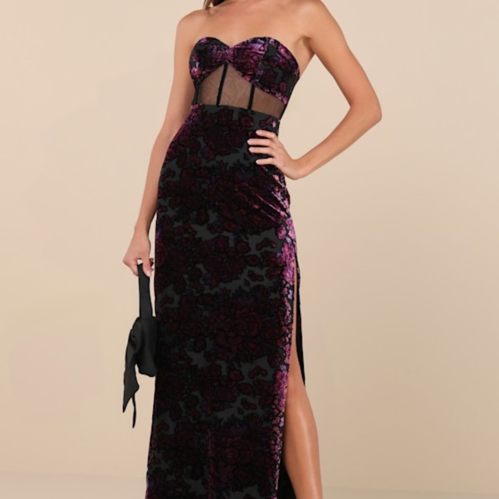 Lulus Breathtaking View Black Mesh Burnout Velvet Strapless Maxi Dress - Size S